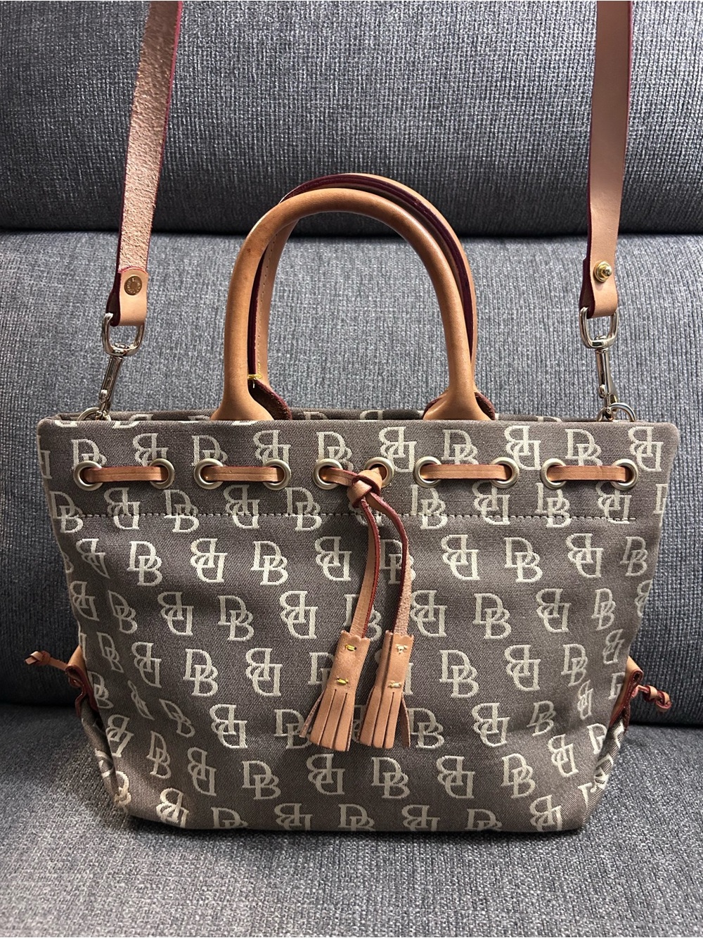 Vintage Dooney & Bourke Leather-Trimmed Monogram Tote Bag with crossbody strap